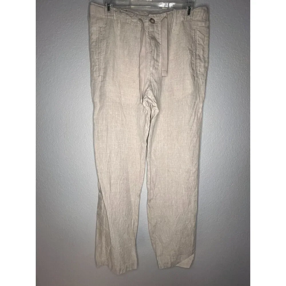 Perry Ellis Size 29(31) 100% Linen Flat Front Dress Pants Button Fly Cream Beach